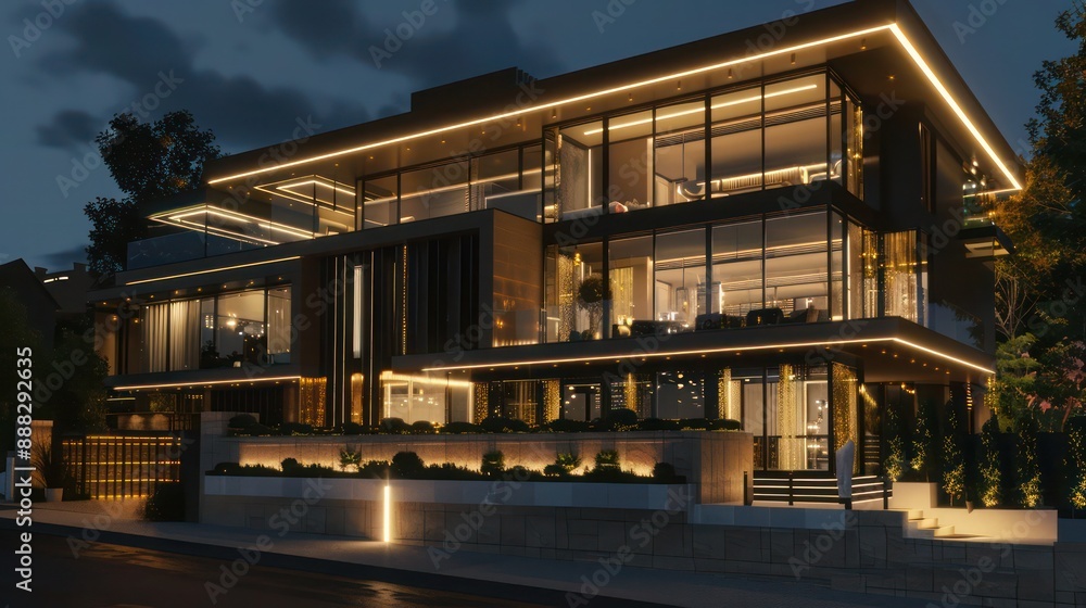 luxurious suburban house with a modern facade of glass and steel, illuminated by bespoke architectural lighting at night luxurious suburban house with a modern facade of glass and steel, illuminated by bespoke architectural lighting at night