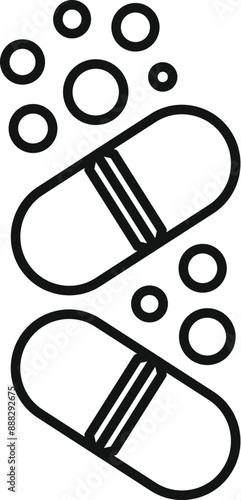 Line art illustration of two medical pills effervescing and dissolving in water