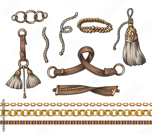 Golden vintage chain and belts isolated. Vector.