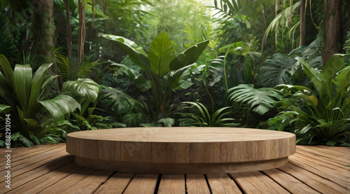 Elevating product displays: 3D green wood podiums and jungle platforms - Nature-inspired backgrounds with trees, leaves, and tropical elements for summer cosmetics, forest stages, and water presentati