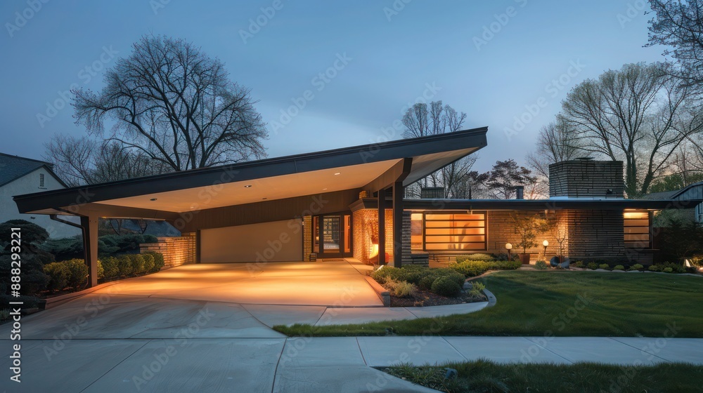 Obraz premium mid-century modern suburban home with a custom-designed, angular carport that complements the home's iconic aesthetic