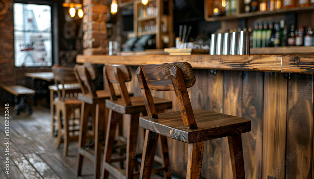Wooden chairs at the bar counter close-up. Wood background Wooden chairs at the bar counter close-up. Wood background