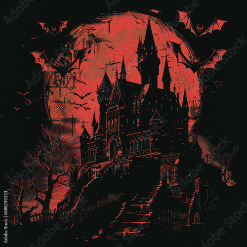 A vector illustration of the moonlight shining on an ancient vampire castle with bats flying around, on a dark background, with a gothic, spooky theme and intricate details