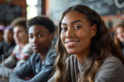 Wallpaper Mural A close-up of a smiling female student sitting in a classroom. She has long, curly hair and is wearing a casual sweater. Torontodigital.ca