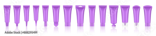 Set of purple cosmetic tubes. Closed blank tubes with caps. Realistic mockup. Long nozzle tube. for ointment or salve. Gel serum. Korean packaging. Lip gloss. Toothpaste. Hand cream	