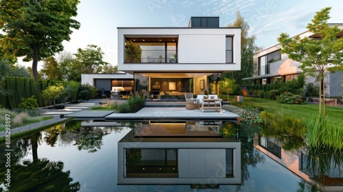 modern suburban house with a small, artificial lake that mirrors the homea??s clean, rectangular architecture photo