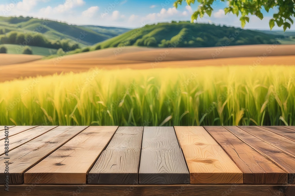 The empty wooden table top with blur background of tea plantation. Exuberant image