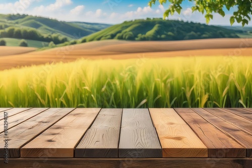 Obraz na płótnie The empty wooden table top with blur background of tea plantation. Exuberant image w salonie