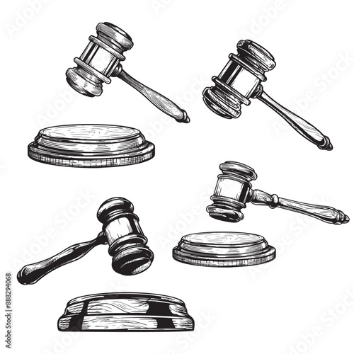 Gavel sketch drawings set. Collection of hand drawn hammers of judge or auctioneer. Vector illustrations isolated on white background.