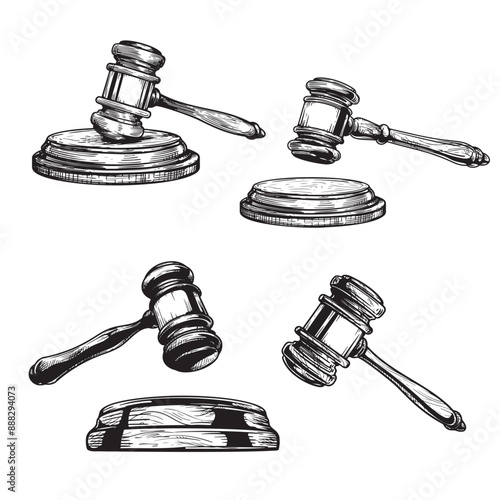 Gavel sketch drawings set. Collection of hand drawn hammers of judge or auctioneer. Vector illustrations isolated on white background.