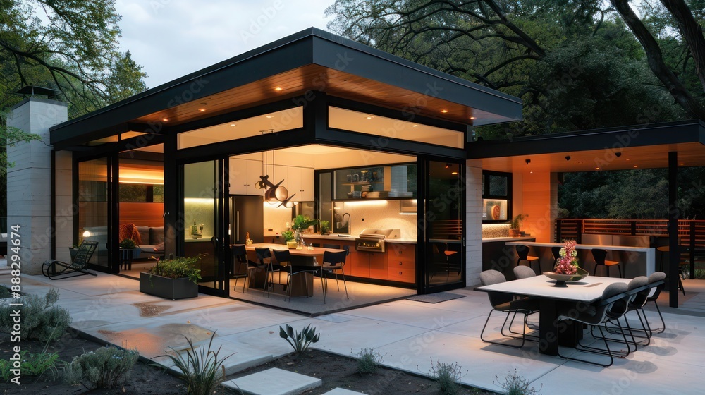 mid-century modern suburban home with an integrated outdoor kitchen and ...