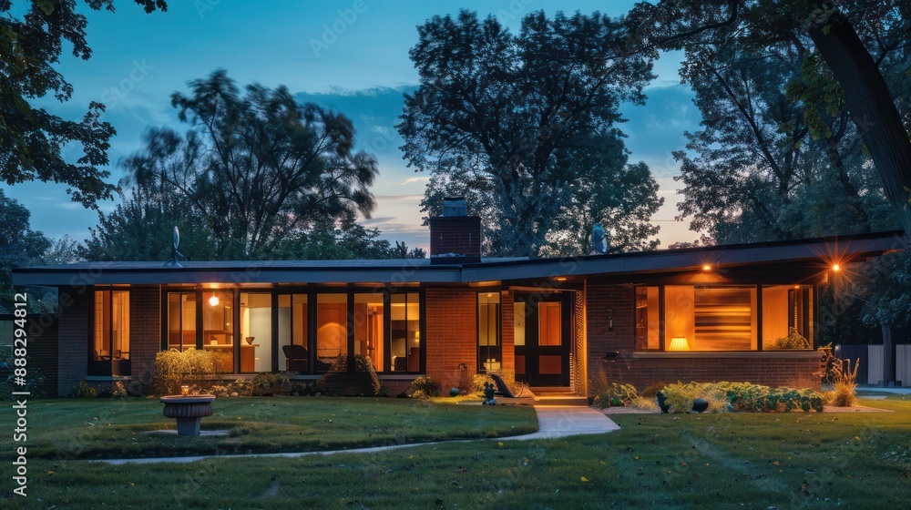 mid-century modern suburban home at dusk, with interior lights casting a warm glow and a peaceful ambience mid-century modern suburban home at dusk, with interior lights casting a warm glow and a peaceful ambience