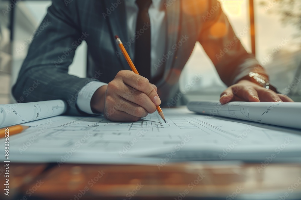 Man working on a building plan and interacting with blueprints on a table in his office is depicted in a close-up, cropped picture. Construction of buildings industry Man working on a building plan and interacting with blueprints on a table in his office is depicted in a close-up, cropped picture. Construction of buildings industry