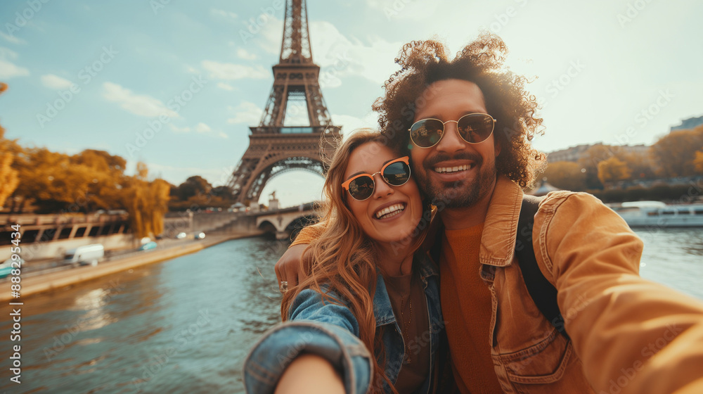 happy couple taking a selfie in front of the Eiffel Tower in Paris happy couple taking a selfie in front of the Eiffel Tower in Paris