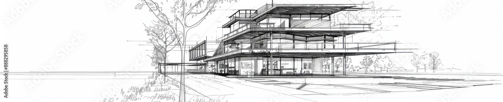 Obraz premium Detailed architectural sketch of a modern building design.
