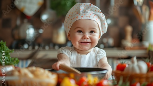 funny kid are preparing the food in the kitchen