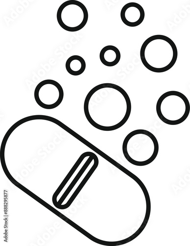 Line drawing of an effervescent pill dissolving in water with bubbles