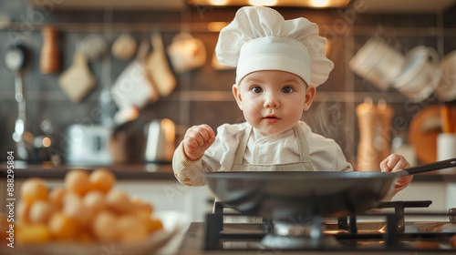 funny kid are preparing the food in the kitchen