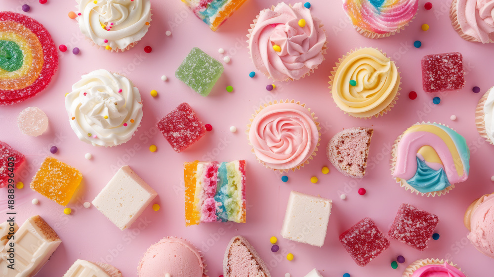 Colorful candies and sweets located on a pink background. Sweet treats in various shapes and textures, such as marshmallows, gummy candies, and frosted baked goods. Colorful candies and sweets located on a pink background. Sweet treats in various shapes and textures, such as marshmallows, gummy candies, and frosted baked goods.