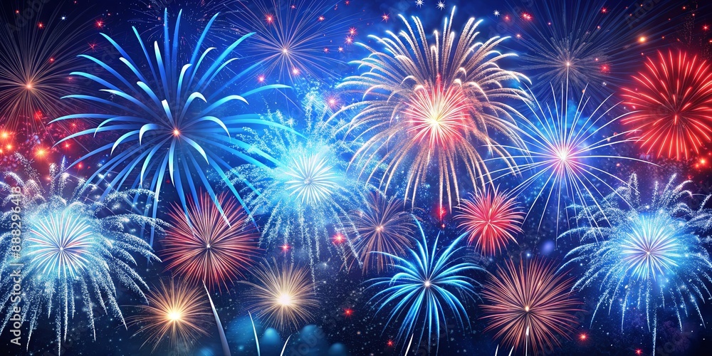 Naklejka premium A Symphony of Stars A Digital Artwork Depicting Fireworks Display, Night Sky, Celebration, Fireworks Show, Starry Night. fireworks, celebration, night