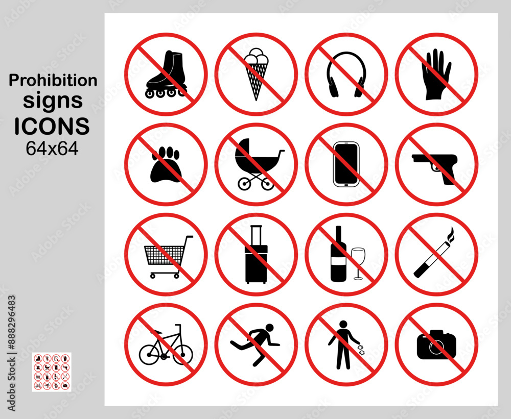 Prohibition signs, Icons, Buttons, 64 x 64, Icon set, Collection of 16 vector icons, Simple vector illustration Prohibition signs, Icons, Buttons, 64 x 64, Icon set, Collection of 16 vector icons, Simple vector illustration