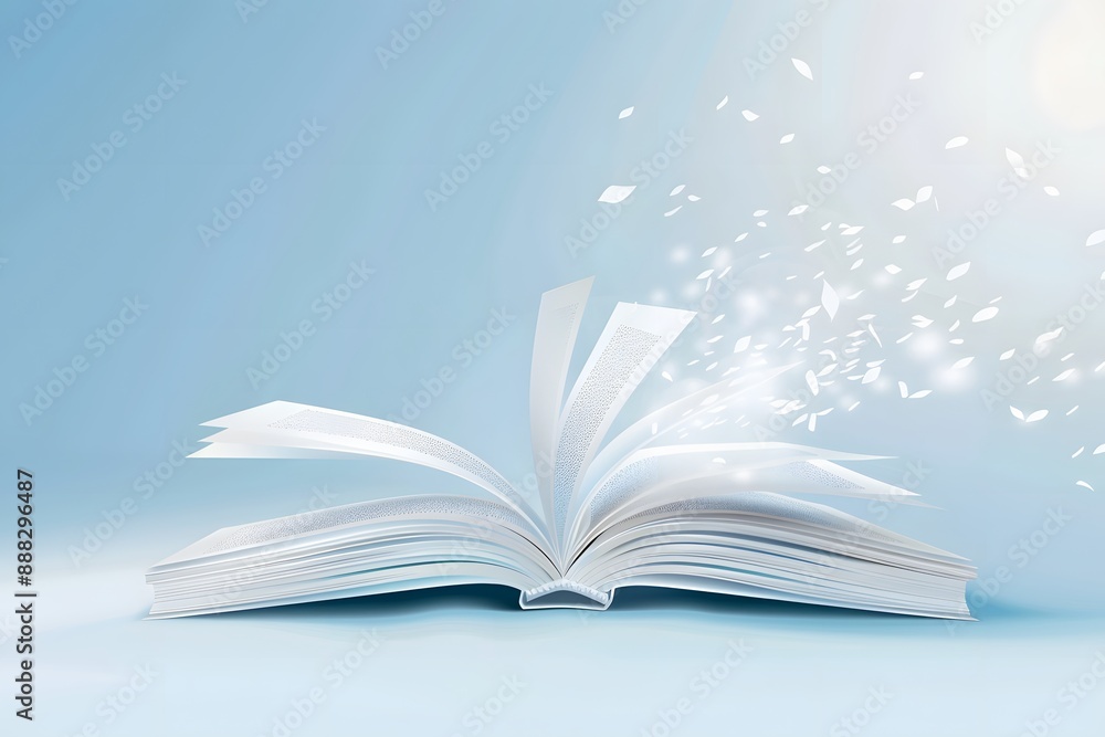 Fototapeta premium Open book with pages turning into fluttering paper pieces, evoking imagination and creativity.