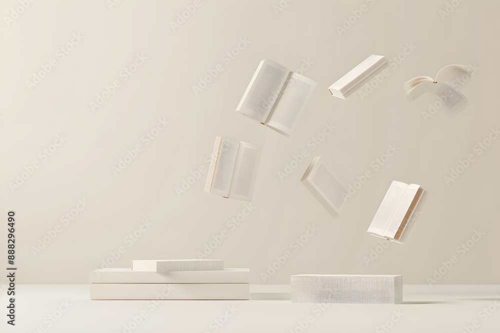 Floating books mid-air against a beige background, evoking mystery and imagination Floating books mid-air against a beige background, evoking mystery and imagination