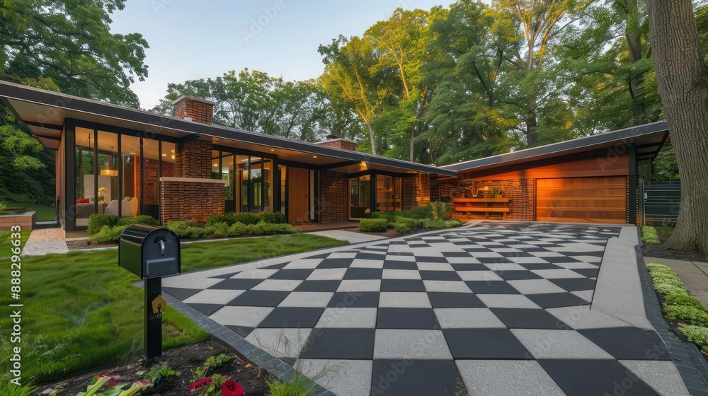 Fototapeta premium suburban house with mid-century modern styling, complete with a geometric driveway and a uniquely designed mailbox