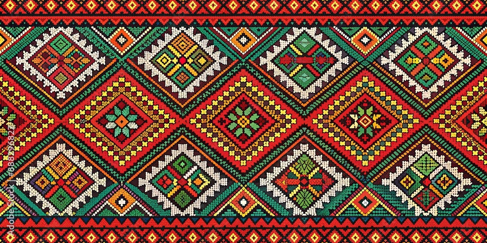 Abstract Geometric Mosaic Pattern with Bright Colors, Seamless Repeat, Textile Design, Folk Art, Ornament, Pixel Art, Graphic Design Abstract Geometric Mosaic Pattern with Bright Colors, Seamless Repeat, Textile Design, Folk Art, Ornament, Pixel Art, Graphic Design