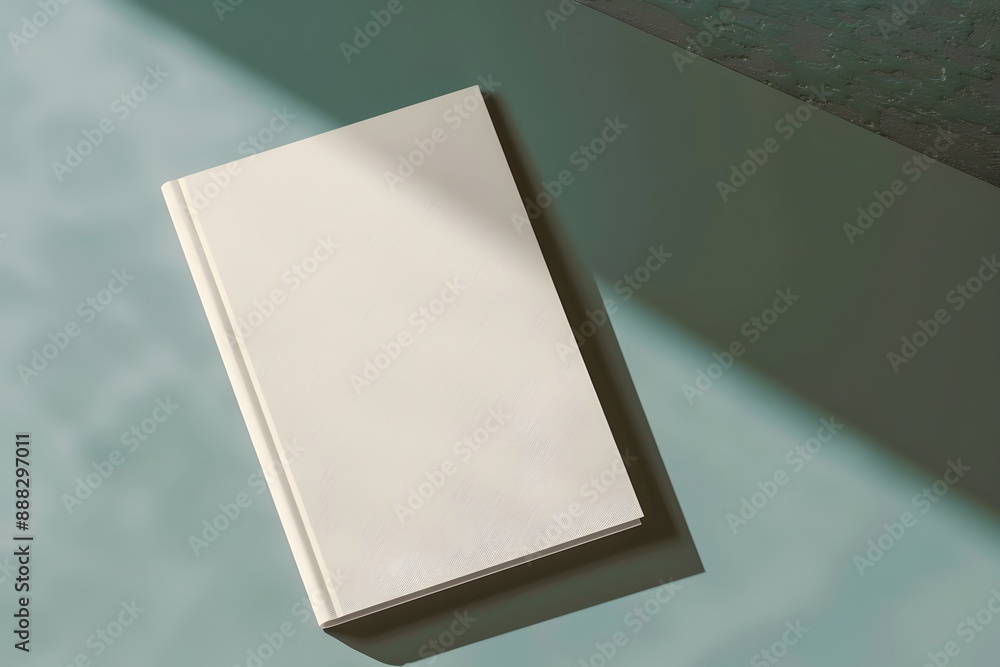 Fototapeta premium Minimalist hardcover book with blank cover lying on a light-colored surface, casting subtle shadows.