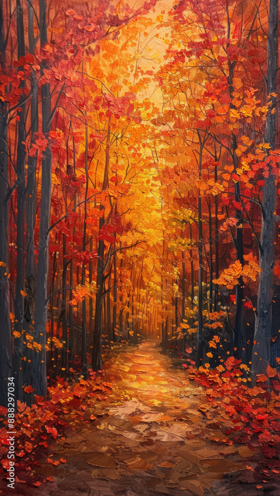 Fototapeta premium Vibrant autumn forest scene with a path covered in colorful fallen leaves