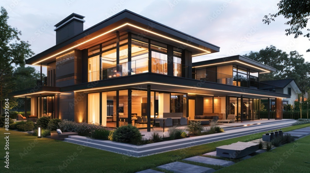 suburban modern house with a large, wrap-around porch and sleek, contemporary landscaping suburban modern house with a large, wrap-around porch and sleek, contemporary landscaping