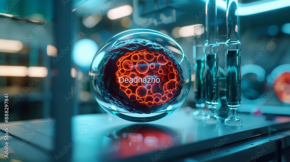 Human cell in a digital hologram, 3D illustration, vibrant colors, detailed organelles, high-tech setting Human cell in a digital hologram, 3D illustration, vibrant colors, detailed organelles, high-tech setting