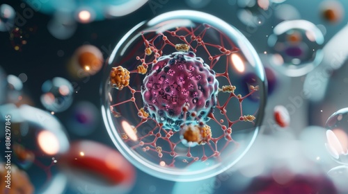 Human cell in a digital hologram, 3D illustration, vibrant colors, detailed organelles, high-tech setting