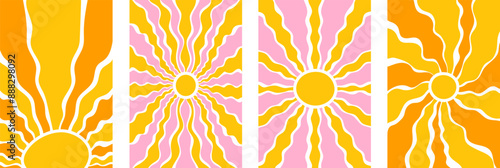 Groovy retro abstract sun backgrounds featuring organic doodle shapes in a trendy naive hippie style from the 60s and 70s.