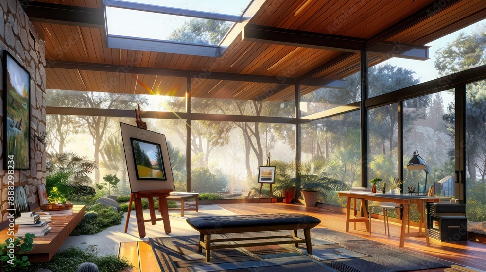 suburban mid-century modern home with a dedicated art studio featuring large skylights and views of the surrounding nature suburban mid-century modern home with a dedicated art studio featuring large skylights and views of the surrounding nature