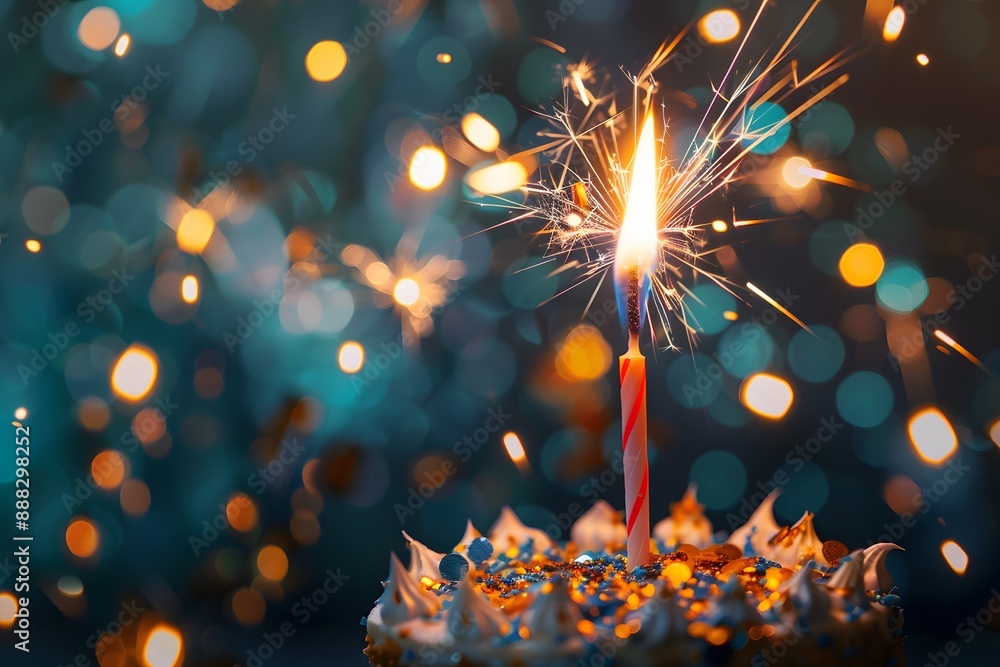 Obraz premium Festive birthday celebration with a single lit candle on a cake, surrounded by sparkling lights.