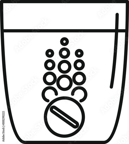 Line drawing of an effervescent tablet dissolving in a glass of water, releasing bubbles