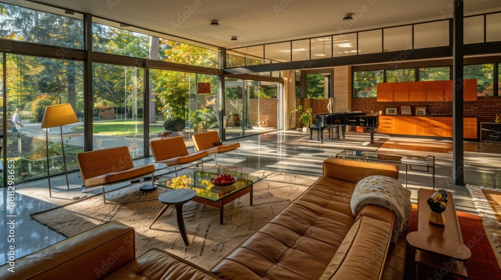 Fototapeta premium suburban mid-century modern home with an expansive glass-walled living room that provides an immersive natural light experience