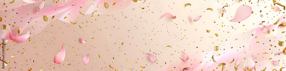 Pink and light beige background with golden confetti and circular shapes for party design. High-detail vector art. Pink and light beige background with golden confetti and circular shapes for party design. High-detail vector art.