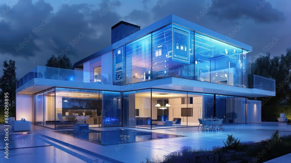 pristine suburban contemporary house with an integrated smart home system, visible through transparent glass walls pristine suburban contemporary house with an integrated smart home system, visible through transparent glass walls