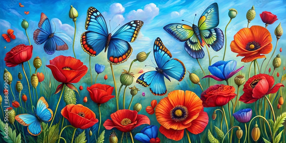 Butterflies and Poppies in a Field of Dreams, oil on canvas, vibrant colors, butterflies flying over poppy flowers, summer, nature, art Butterflies and Poppies in a Field of Dreams, oil on canvas, vibrant colors, butterflies flying over poppy flowers, summer, nature, art