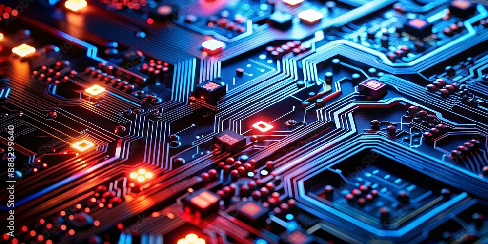 Obraz premium Closeup of a Circuit Board with Red and Blue Lights, Digital, Technology, Motherboard, Electronics