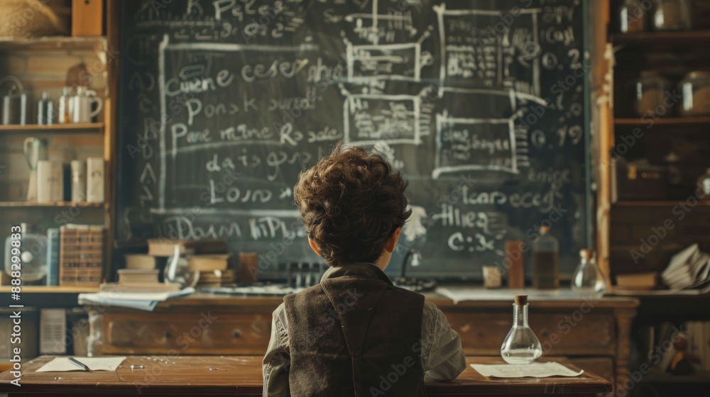 boy in class looking at blackboard with mathematical formulas boy in class looking at blackboard with mathematical formulas