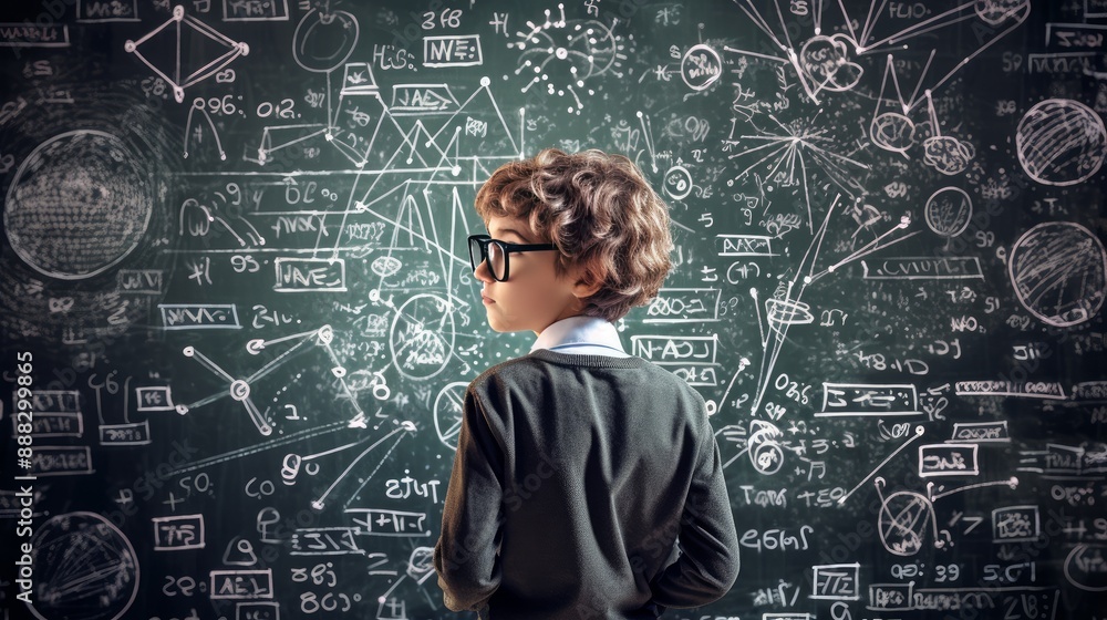 boy in class looking at blackboard with mathematical formulas boy in class looking at blackboard with mathematical formulas