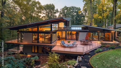 suburban home with a mid-century modern design, featuring a butterfly roof and expansive decks overlooking a wooded backyard