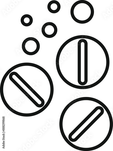 Line art icon of three round pills effervescing and dissolving