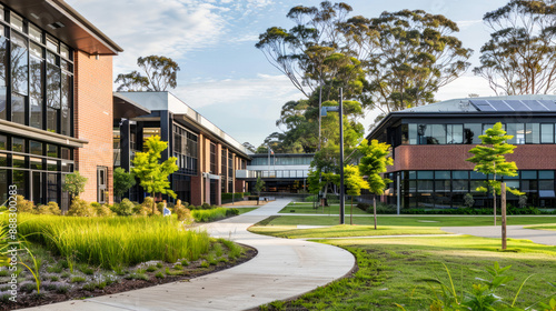 Modern green campus landscape with contemporary buildings and lush greenery under a clear sky © Maestro