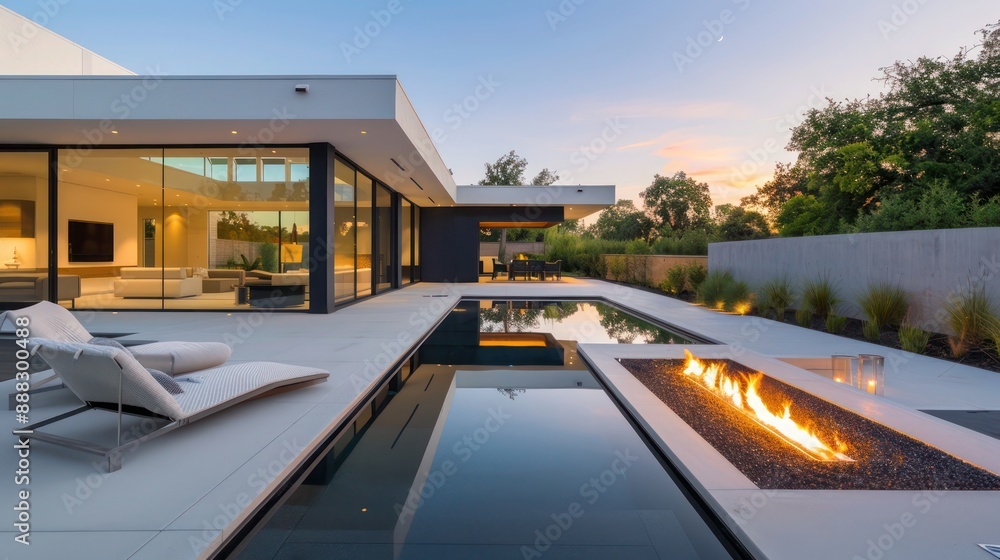 sleek suburban modern home with a panoramic backyard that includes a minimalist design reflecting pool and fire pit area sleek suburban modern home with a panoramic backyard that includes a minimalist design reflecting pool and fire pit area