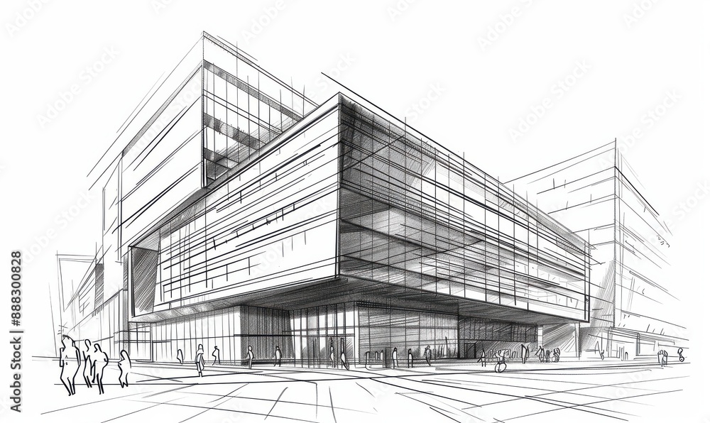 Detailed architectural sketch of a modern building design. Detailed architectural sketch of a modern building design.